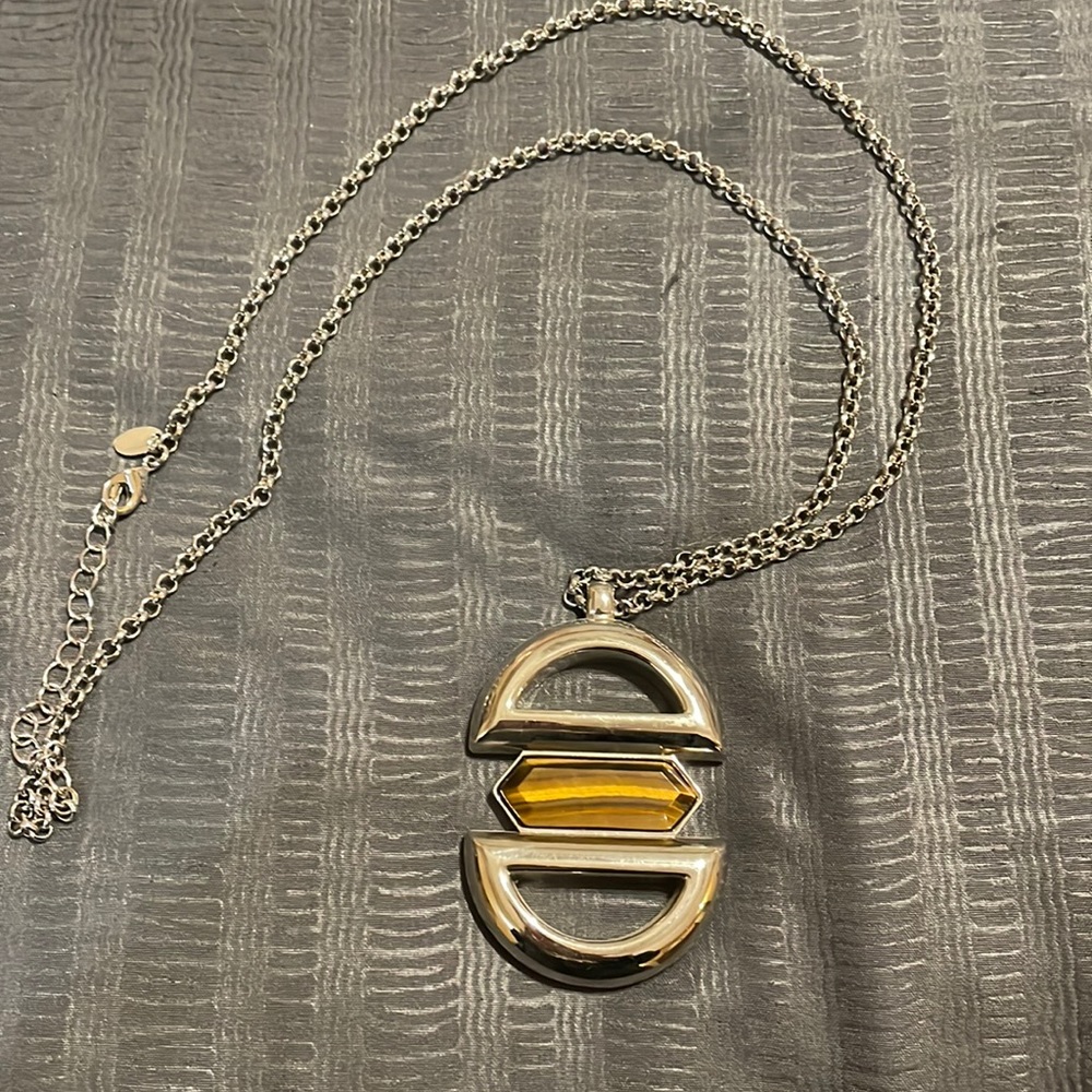 Lia Sophia long silver necklace & tigers eye pendant